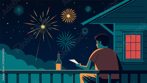 The sky dims as the last fireworks of the season flicker and fade away and a student lingers on their porch watching the stars come out as they write a heartfelt reflection on the. Vector illustration