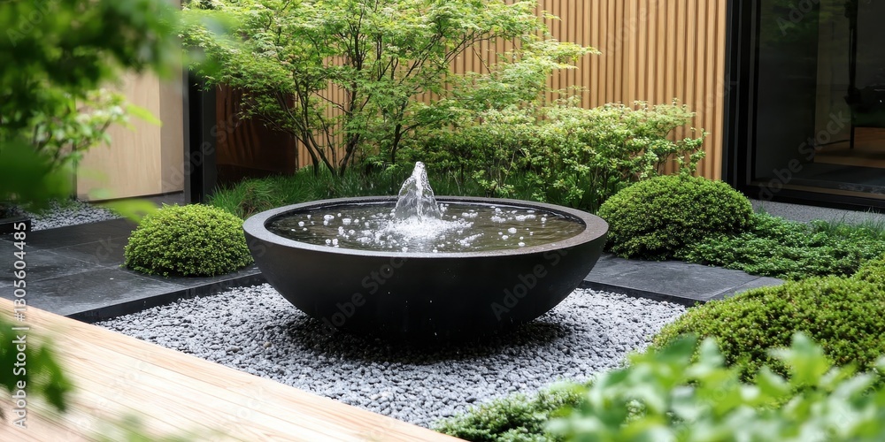 A modern garden featuring a water fountain with surrounding greenery A modern garden featuring a water fountain with surrounding greenery