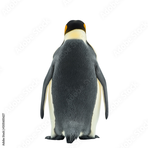 A back view of an emperor penguin standing on ice on a white solid background