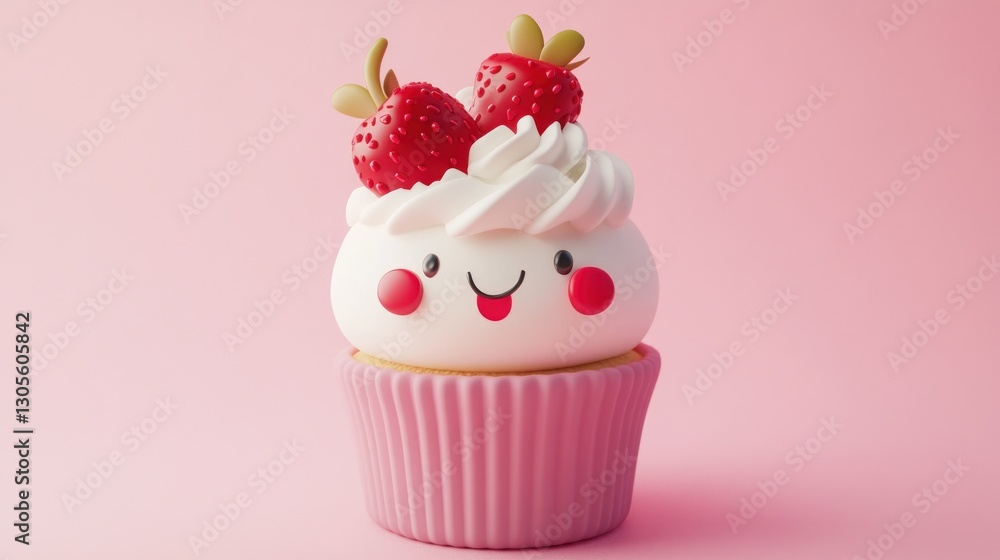Happy strawberry cupcake on pink background Happy strawberry cupcake on pink background