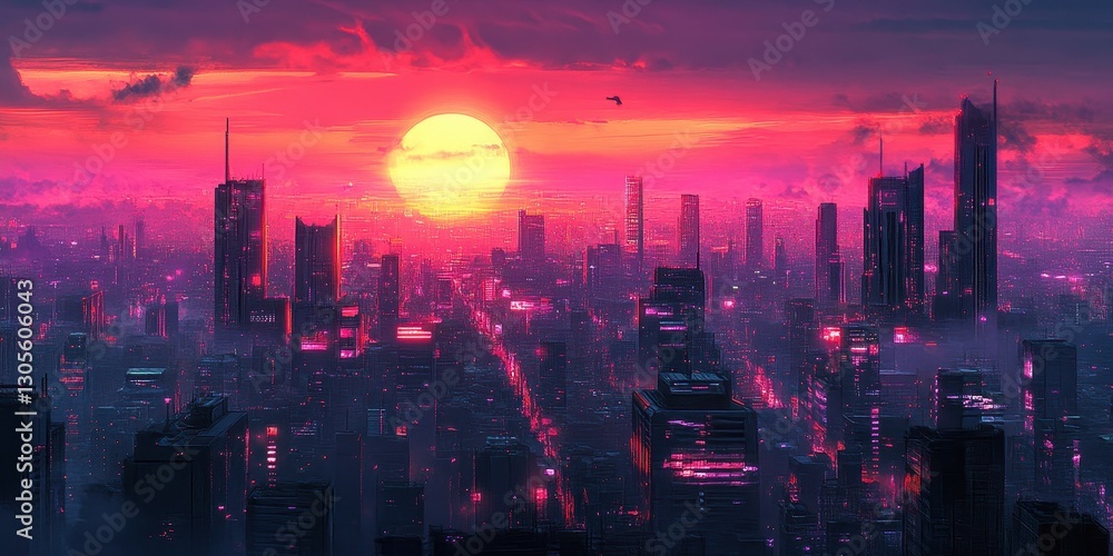 Fototapeta premium A vibrant cityscape at sunset with a large illuminated sun