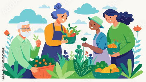The scent of freshly herbs fills the air as the clubs members harvest their bountiful garden chatting and reminiscing about their favorite gardening memories.. Vector illustration