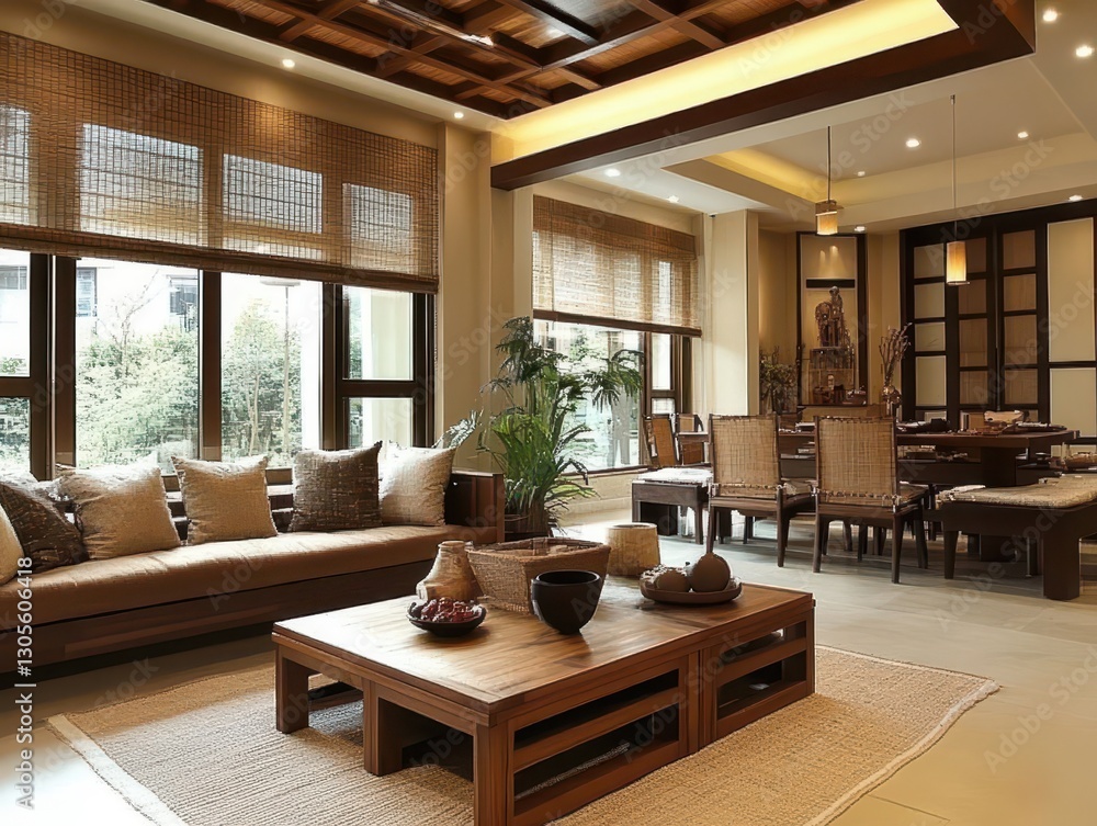 Fototapeta premium A luxurious living room with warm tones and natural materials