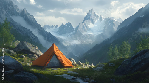 A tent pitched in a stunning alpine landscape with mountain peaks in the background