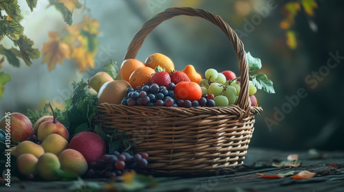 A rustic wicker basket brimming with fresh organic fruits and vegetables