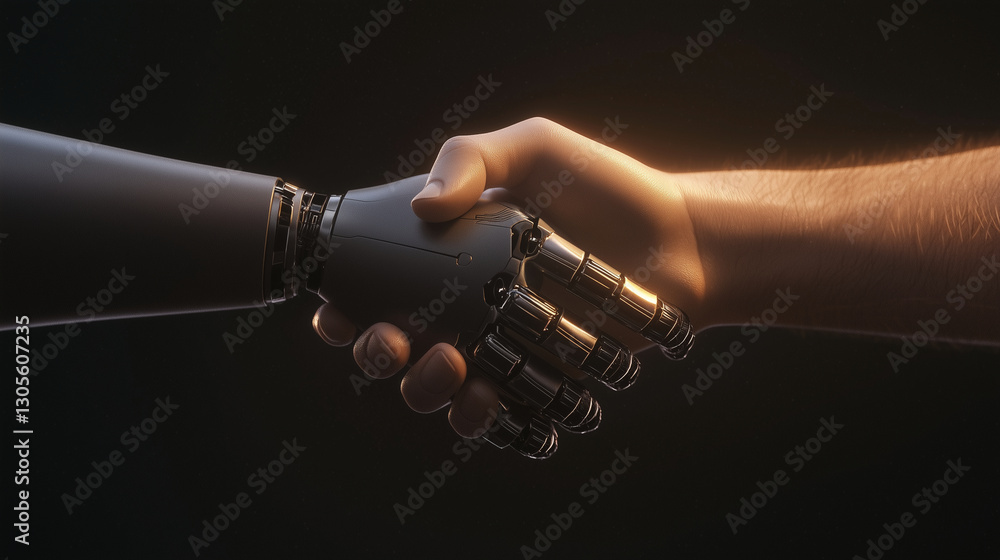 Naklejka premium A handshake between human and robot with blockchain technology