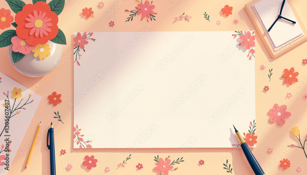 Feminine workspace with floral elements and calligraphy tools, creativity Feminine workspace with floral elements and calligraphy tools, creativity