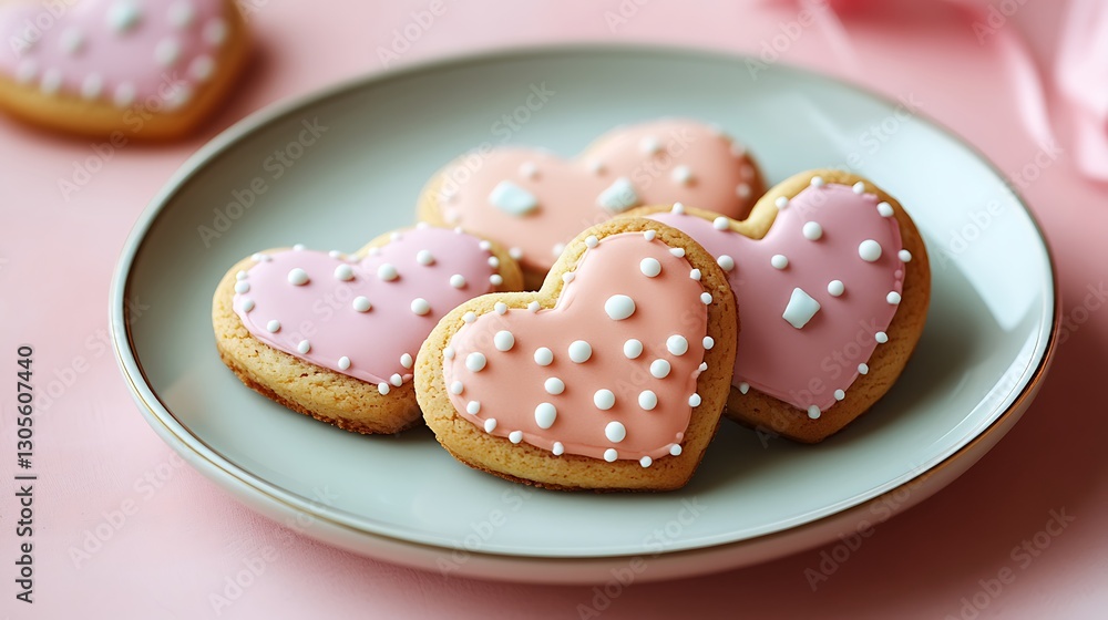 Decorated heart cookies on plate Decorated heart cookies on plate