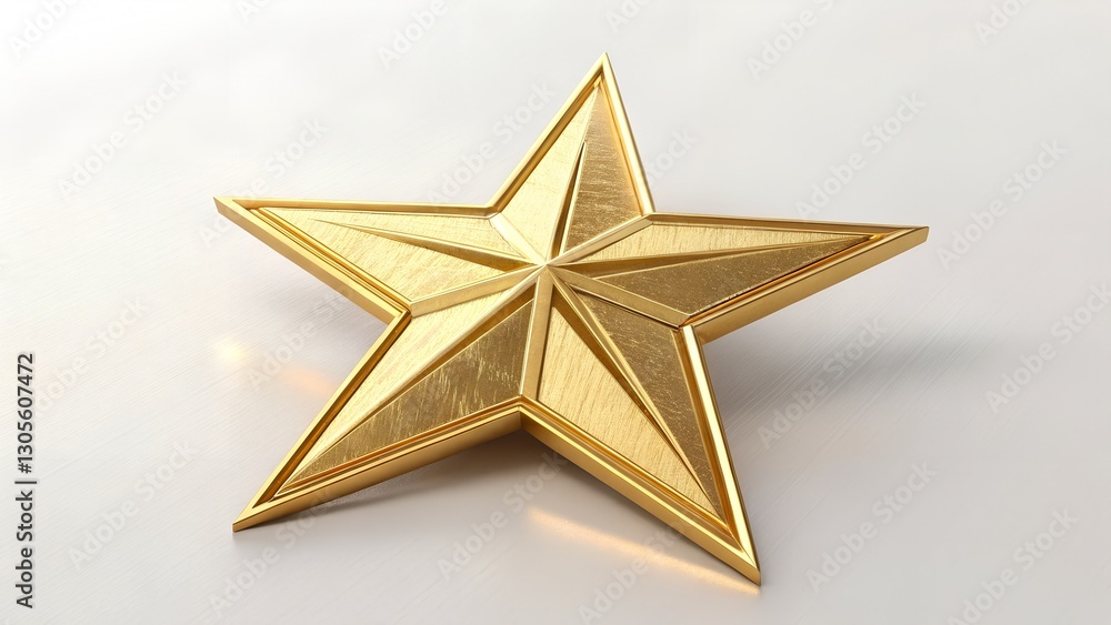 Obraz premium Étoile dorée brillante à cinq branches centrée sur fond blanc uni. Symbole Sapin,Star decoration isolated on white background,Golden Christmas Tree Topper Isolated on White