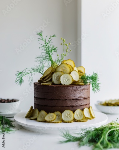 Unusual chocolate layer cake garnished with pickles and dill at a dessert table celebration. photo