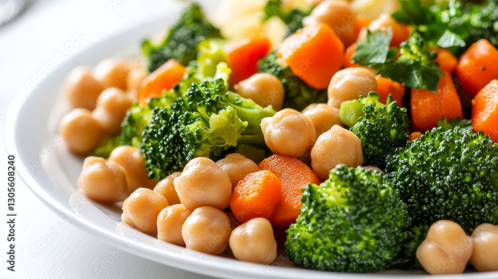 A wholesome plate of steamed broccoli, carrots, and chickpeas, elegantly arranged on a white background with ample copy space A wholesome plate of steamed broccoli, carrots, and chickpeas, elegantly arranged on a white background with ample copy space