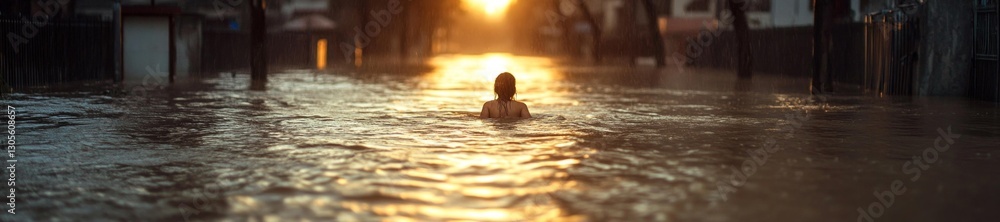 Person wading through waist-deep water in an urban area after a heavy rainfall event. Generative AI Person wading through waist-deep water in an urban area after a heavy rainfall event. Generative AI