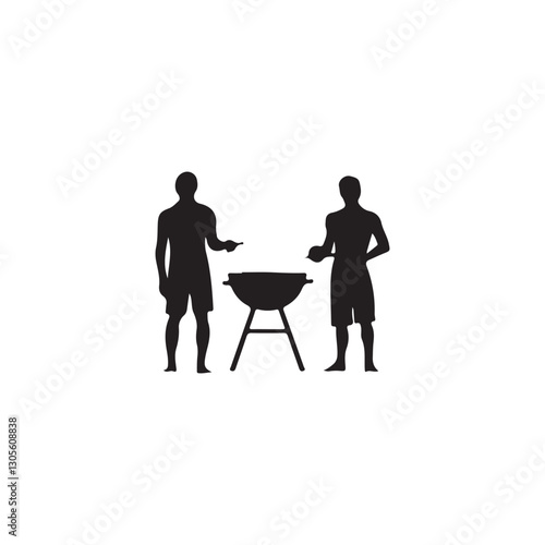 Two men preparing a barbecue grill.Silhouette image of two men standing near a barbecue grill, likely enjoying a summer outdoor activity.