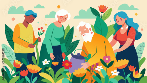 Surrounded by colorful flowers elders engage in a mindful gardening activity pausing to appreciate the beauty and intricacies of nature.. Vector illustration