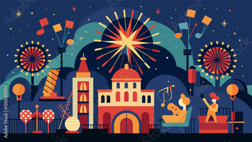 The fair culminates with a spectacular fireworks display set to a medley of songs that span the decades leaving guests with a lasting memory of a wonderful trip down Memory Lane.. Vector illustration