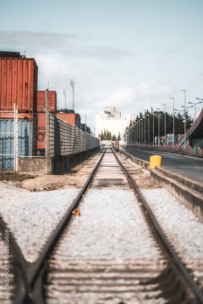 Obraz premium Vertical telephoto shot of industrial railway track leading towards a distant grain silo, flanked by shipping containers and a fenced-off storage area. Parallel city street lined with lampposts