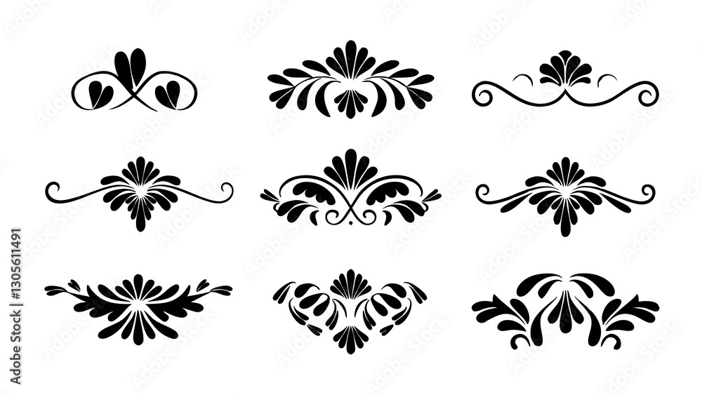 Fototapeta premium Ornamental designs feature symmetrical floral patterns rendered in black