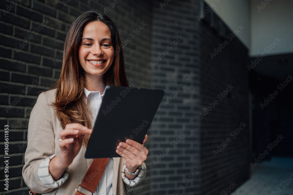 Fototapeta premium Smiling businesswoman using digital tablet in modern office corridor