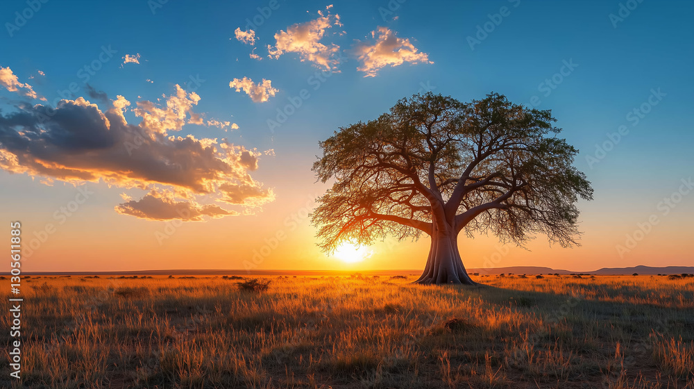 Obraz premium Majestic baobab tree glowing under a sunset in the vast savannah landscape of Africa with dramatic clouds and warm colors