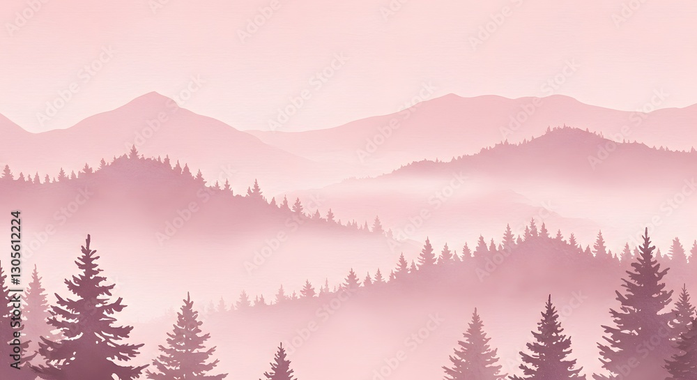 Fototapeta premium Pink Mountain Range with Forest and Foggy Haze Landscape Scenery