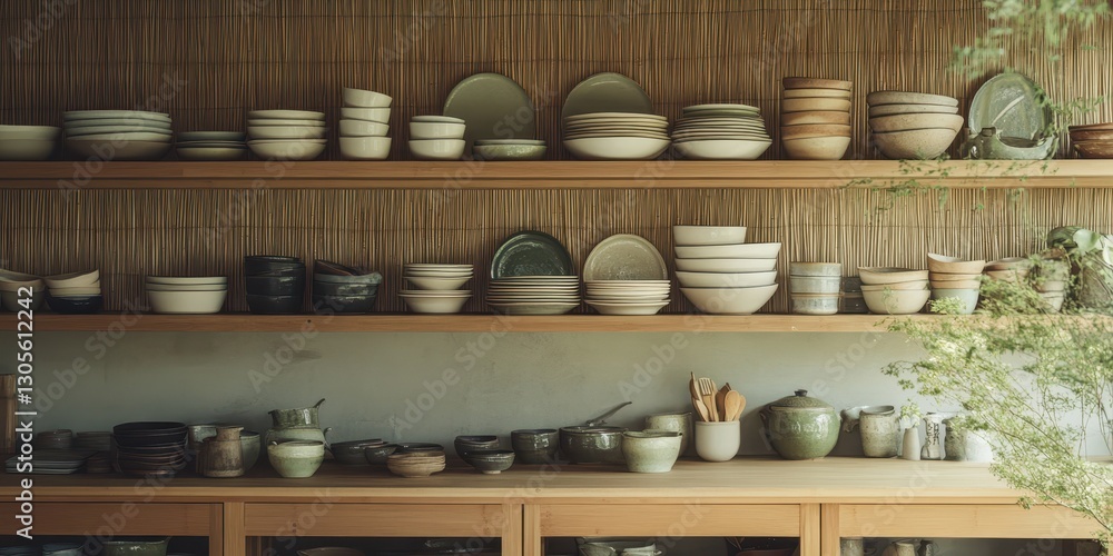 Various ceramic tableware items arranged on wooden shelves in kitchen Various ceramic tableware items arranged on wooden shelves in kitchen