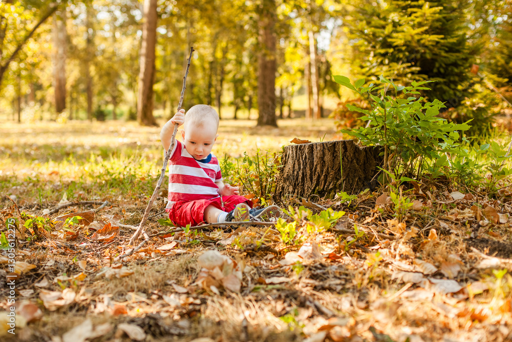 One-year-old baby playing with natural materials leaves and twigs in a warm autumn forest One-year-old baby playing with natural materials leaves and twigs in a warm autumn forest
