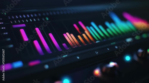 Professional audio spectrum analyzer visualizing colorful sound levels with glowing knobs and controls in dark studio environment for music production and sound engineering