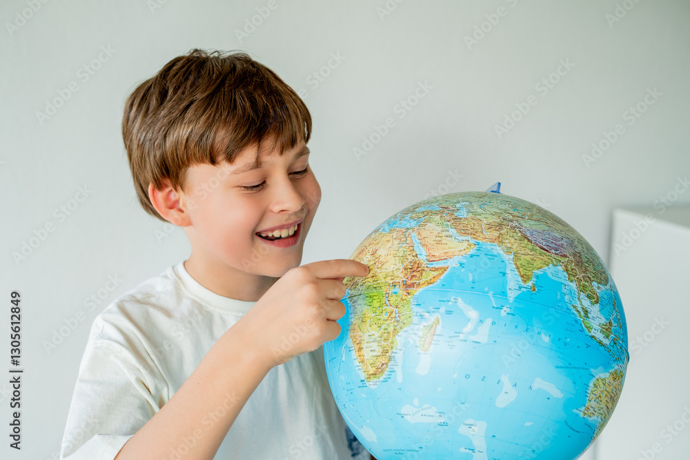 Little cute boy is looking at the globe with small airplane in his hands. Little cute boy is looking at the globe with small airplane in his hands.