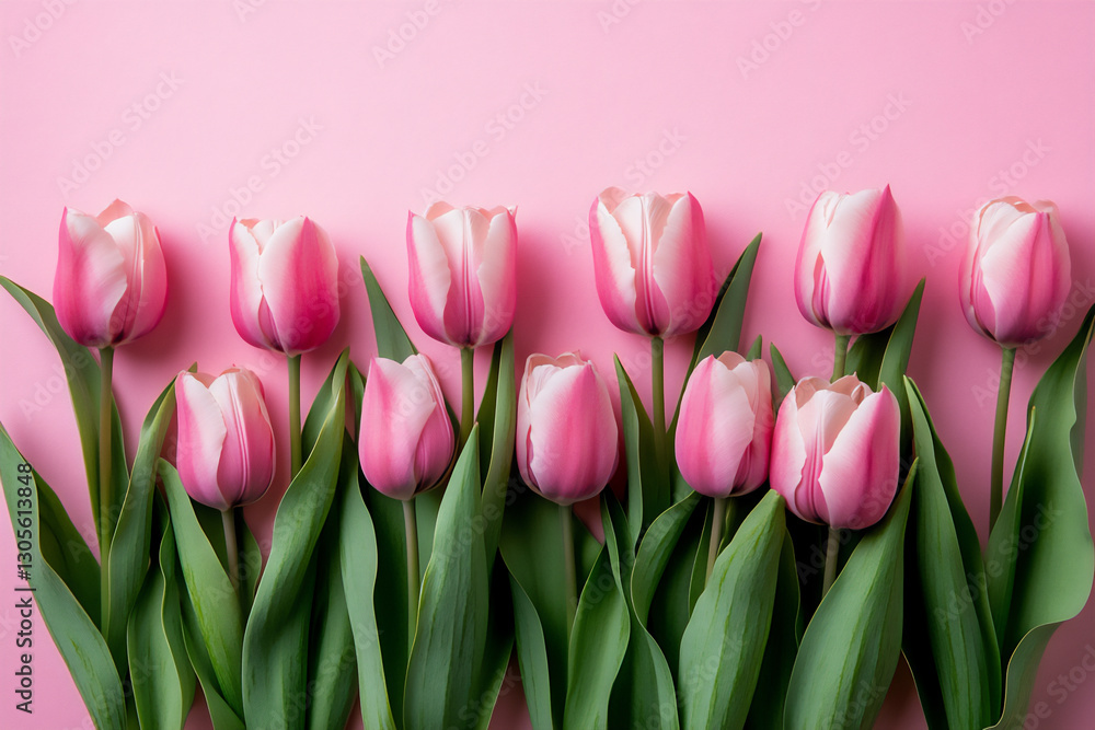 photo of pink tulips on a pink background, in a flat lay composition. photo of pink tulips on a pink background, in a flat lay composition.
