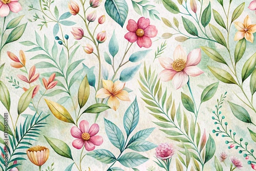 Minimalist Watercolor Botanical Pattern: Textured Floral Design for Textile & Wallpaper