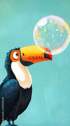A colorful toucan bird blowing a large transparent bubble