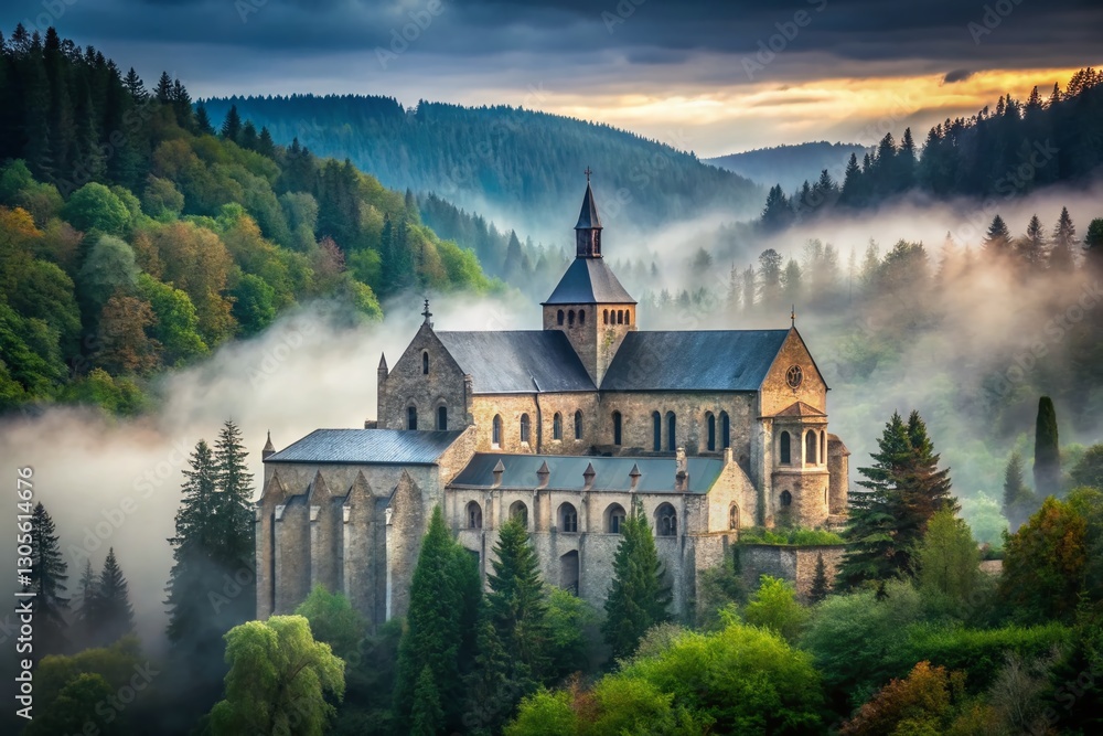 Misty Forest Abbey: Gothic Architecture in a Minimalist Setting
