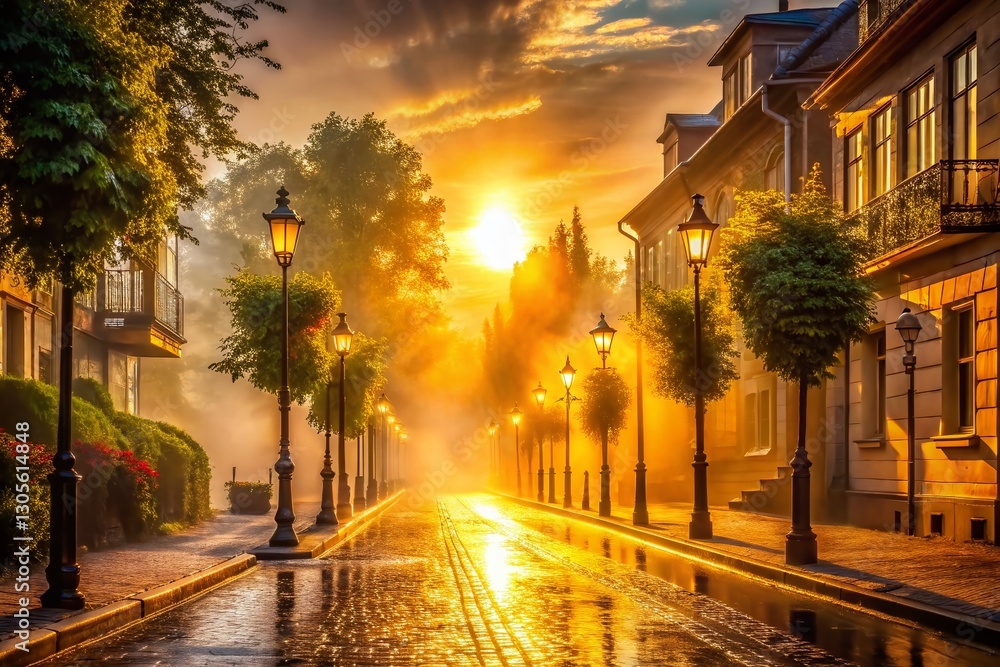 Obraz premium Misty Sunrise Street Scene: Golden Hour Urban Photography