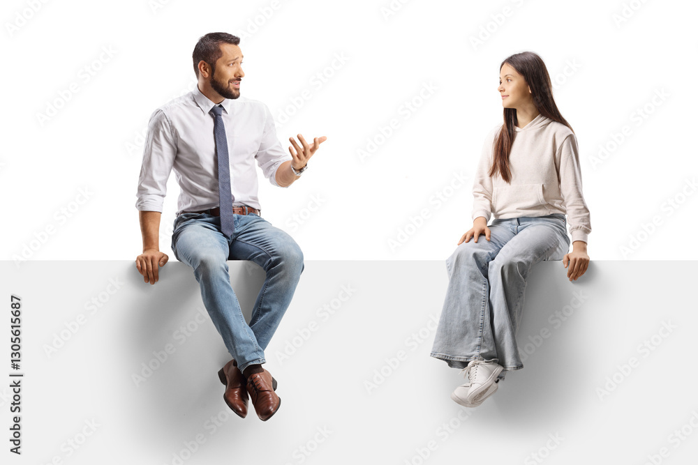 Businessman sitting on a panel and talking to a teenage girl Businessman sitting on a panel and talking to a teenage girl
