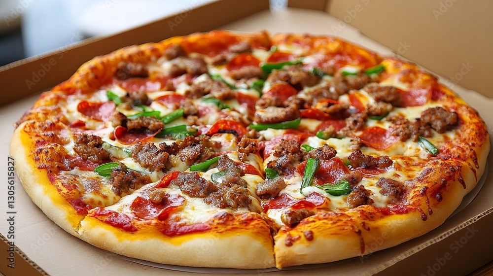 Delicious Meat Lovers Pizza Pepperoni Sausage Green Peppers Cheese Crusty Hot Italian Food Photography Tasty Meal Dinner Lunch Restaurant Menu Delicious Meat Lovers Pizza Pepperoni Sausage Green Peppers Cheese Crusty Hot Italian Food Photography Tasty Meal Dinner Lunch Restaurant Menu