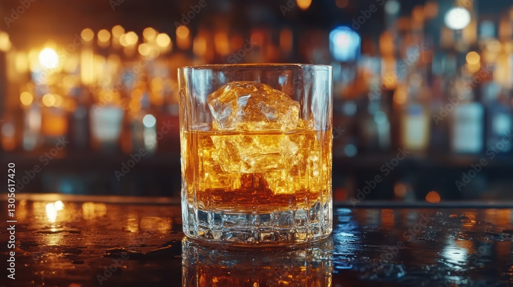 Whiskey rocks glass on bar counter Whiskey rocks glass on bar counter