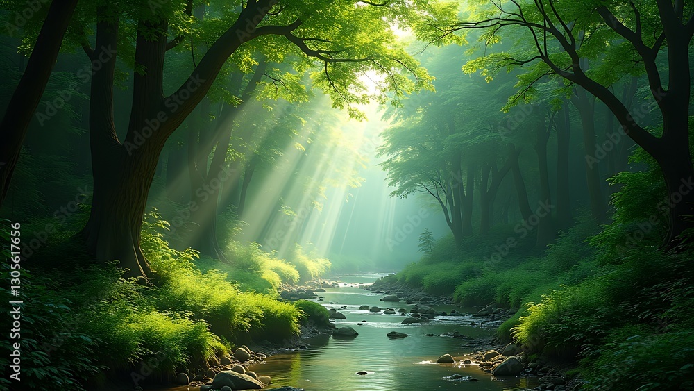 Fototapeta premium ravine of verdant trees, stillness and sunlight