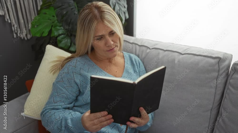 Woman reading book on sofa in cozy apartment living room with plants wearing blue sweater focused and relaxed enjoying leisure time indoors Woman reading book on sofa in cozy apartment living room with plants wearing blue sweater focused and relaxed enjoying leisure time indoors