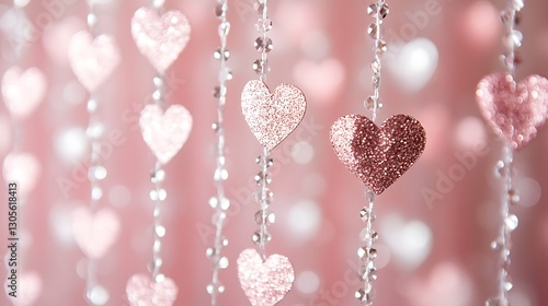 Hanging Glitter Hearts Romantic Pink Backdrop