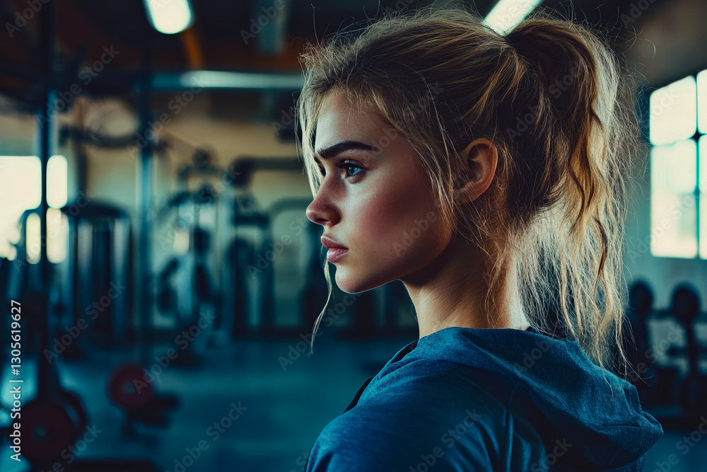 Fototapeta premium A woman in a gym looking away from the camera