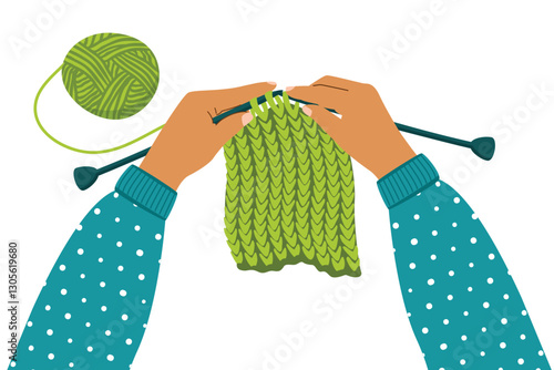 Human hands knitting from threads. Top view of the workplace. Blue, green and beige colors on white background. Vector design for use in card, banner template, poster, invitation. Flat illustration.