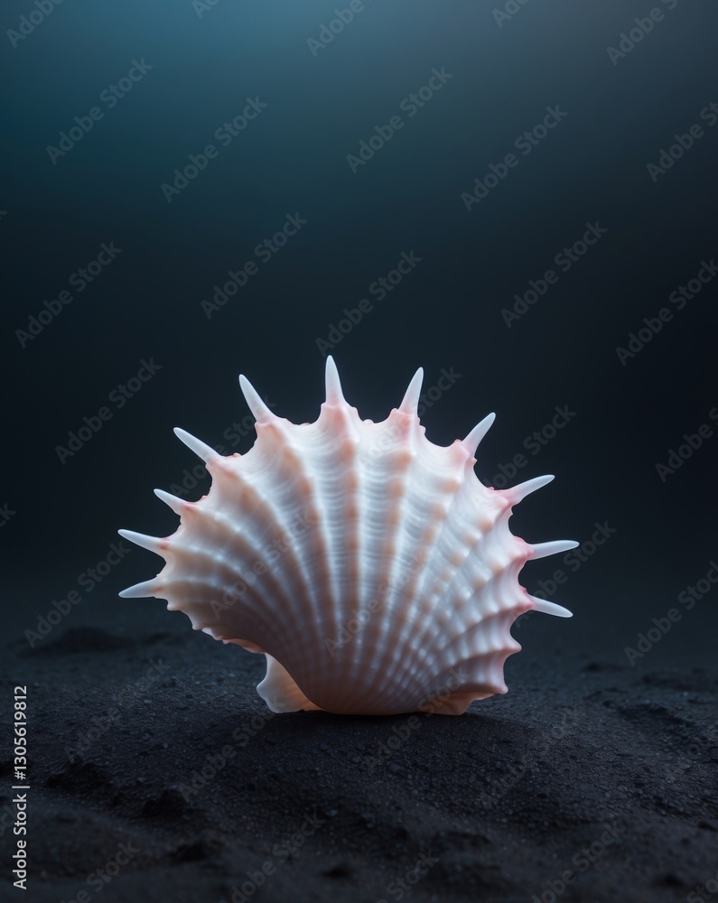 Fototapeta premium Spiky White And Pink Seashell On Dark Ocean Floor