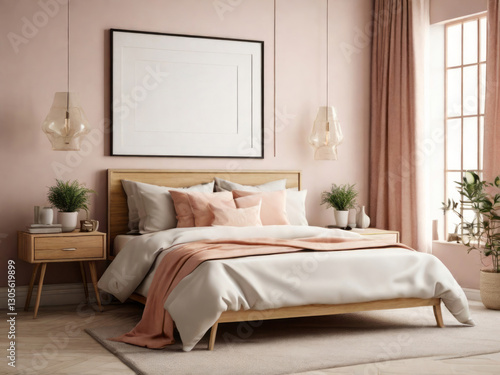 Wallpaper Mural Modern bedroom interior with wooden bed and soft pink decor. Torontodigital.ca