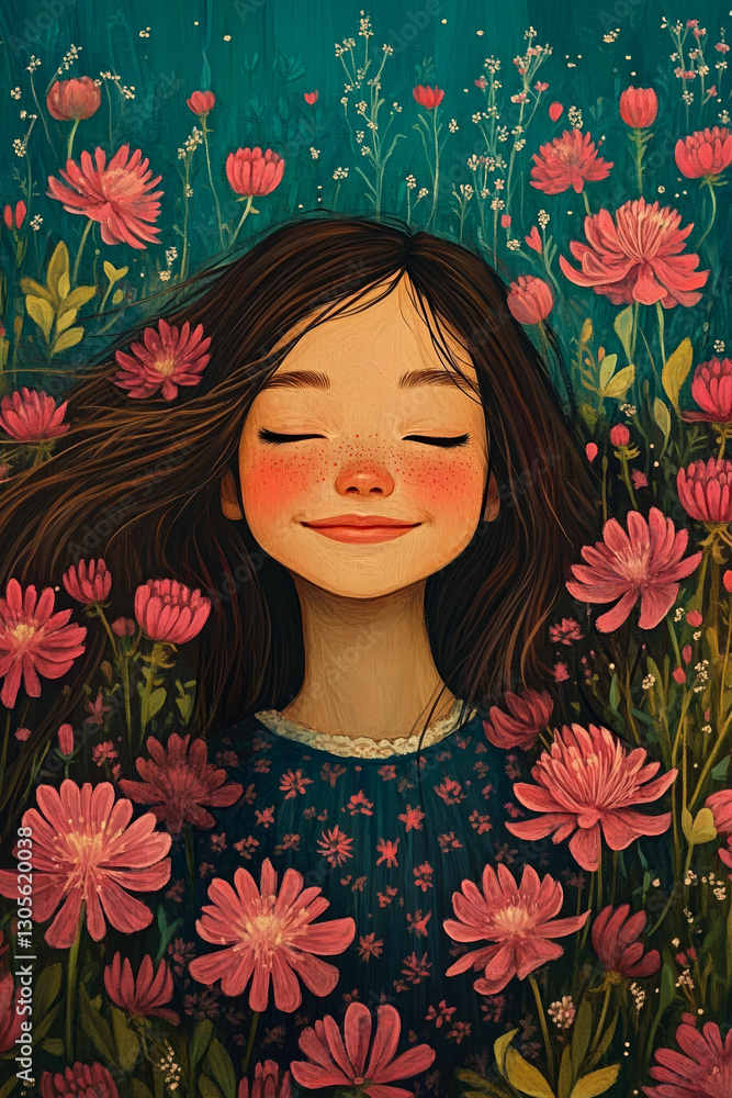 A girl with her eyes closed in a field of flowers A girl with her eyes closed in a field of flowers
