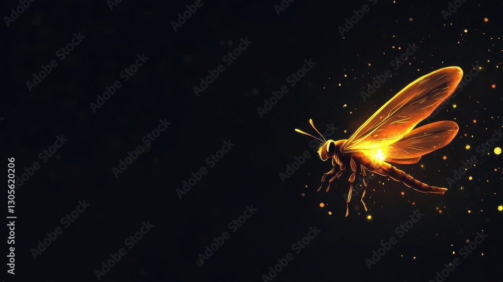 Naklejka premium A Glowing Insect With Extended Wings Against a Dark Background