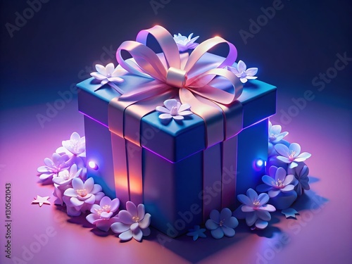 Night Photography: Pink Gift Box with White Flowers & Blue Ribbon on Dark Blue