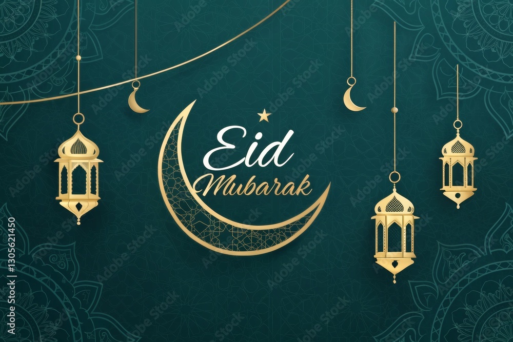 Naklejka premium Festive Eid Mubarak Greeting with Gold Lanterns and Crescent Moon