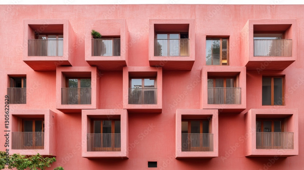 Pink building facade with recessed square windows Pink building facade with recessed square windows