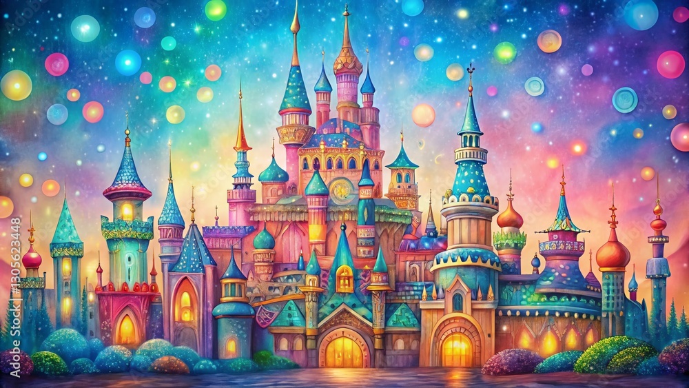 Ornate Fantasy Castle Doodle Pattern Background with Bokeh Effect - Stock Photo Ornate Fantasy Castle Doodle Pattern Background with Bokeh Effect - Stock Photo
