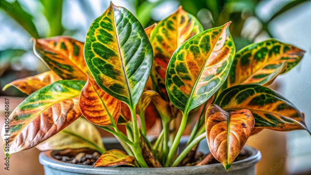 Fototapeta premium Overwatered Houseplant with Damaged, Dry Leaves - Bokeh Background Stock Photo
